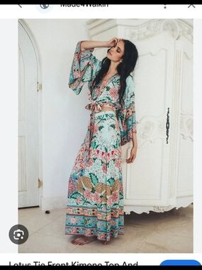 SET NEW Spell LoTUS  Tie-Front Kimono Top and Maxi Skirt Set  2 Pc Xs